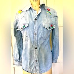 Your favorite 70s cotton denim hand-embroidered mushrooms lady bug Boho  shirt !